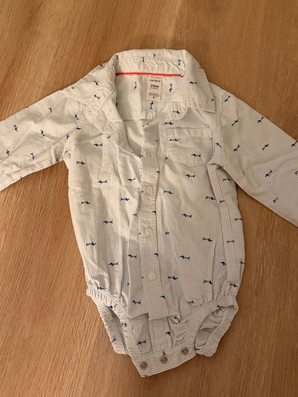 Carter's White Long-Sleeve Button One-Piece with Blue Print